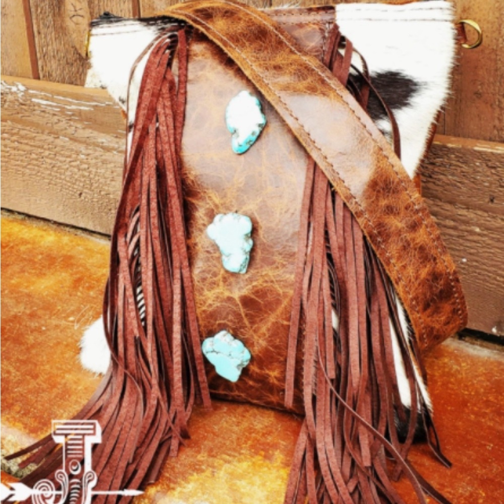 Crossbody Handbag w/ Brown Fringe & Turquoise Slabs